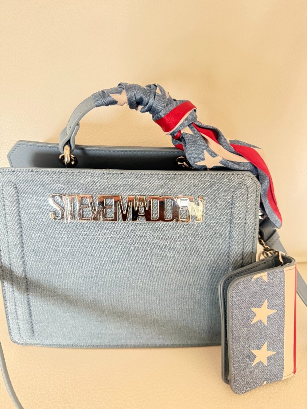 NWT STEVE MADDEN BEVELYN DENIM SCARF SATCHEL CROSSBODY BAG CREDIT CARD CASE FLAG